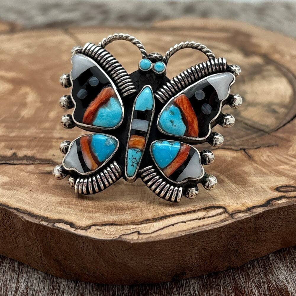 Vintage FEDERICO JIMENEZ Sterling Silver Turquoise Spiny Jet MOP Butterfly Ring